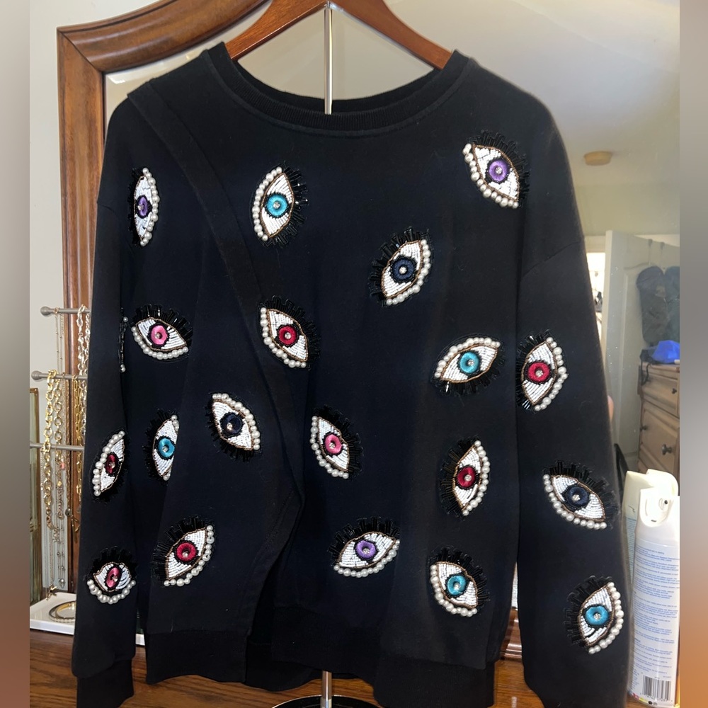 Queen of Sparkles QOS Evil Eye top sequin beaded black